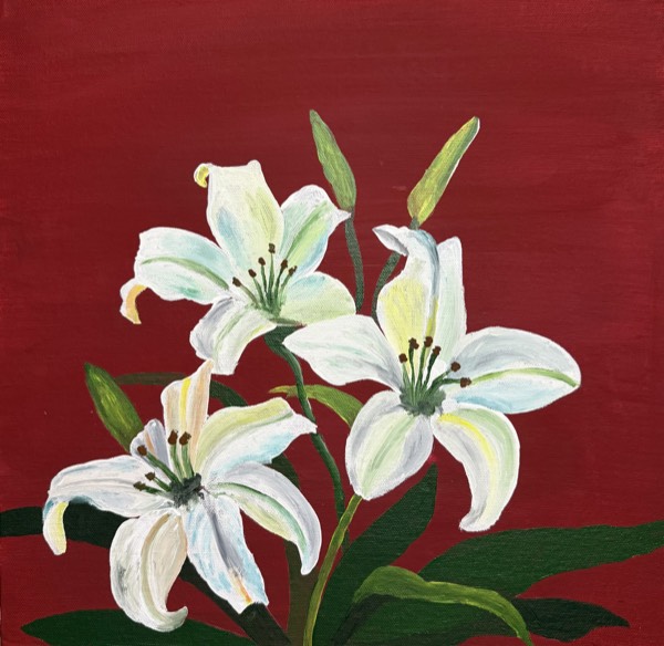 Painting of white lilies with green stems on a deep red background