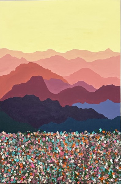 Painting of layered mountain ridges at sunset in yellow, pink, maroon and purple above a colorful wildflower field