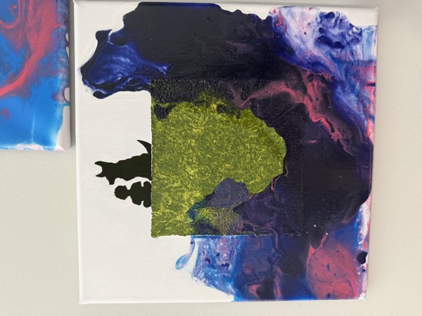Small square mixed media painting with dark blue and pink poured paint, a textured green square and a black creature silhouette