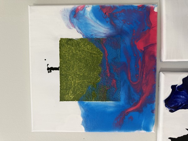 Small square mixed media painting with blue and pink poured paint, a textured green square and a black silhouette of a golfer mid-swing